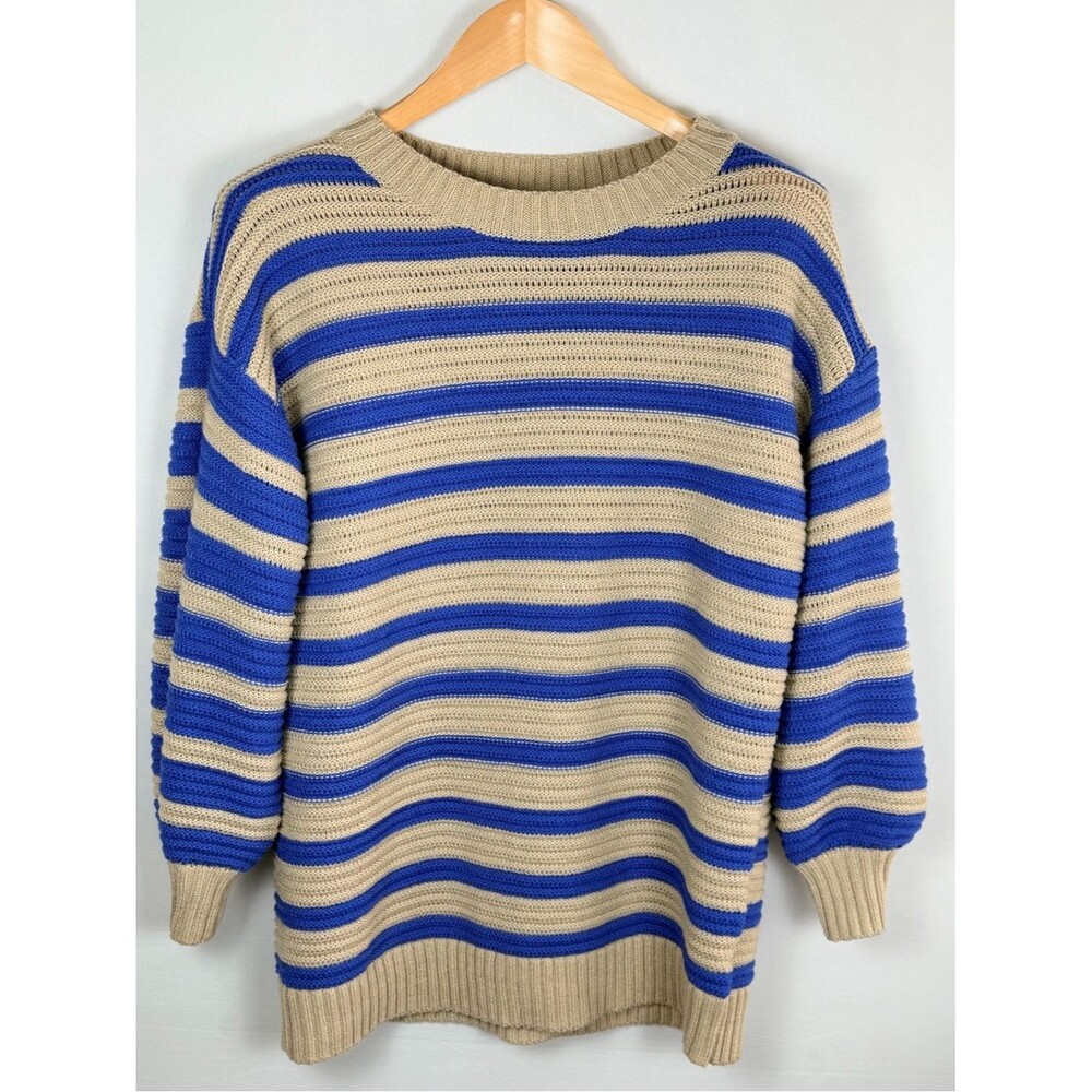 Striped Knit Sweater Blue Tan Crewneck Relaxed Fit Preppy Coastal